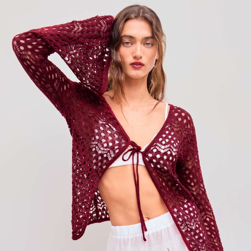 Cider KNIT V-NECK SEE-THROUGH HOLLOW OUT KNOTTED LONG SLEEVE TOP